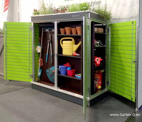 . I'm unable to see specific images, but based on the description, it looks like it's a garden storage cabinet. Here's a list of items that could be inside:

1. Watering can
2. Plant pots
3. Gardening tools (e.g., pruners, rake, trowel)
4. Garden gloves
5. Plant fertilizer or soil bags
6. Decorative items or toys like buckets and spades
7. Hose
8. Various gardening supplies or accessories

Let me know if there's something specific you'd like to know!