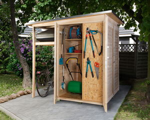 This image shows a small wooden storage shed with gardening and outdoor tools inside. Here's an array of items visible in the shed:

1. Garden hose reel
2. Hand tools (pruners, saw)
3. Electric trimmer
4. Rake
5. Broom
6. Green watering can
7. Bicycle (partially visible)
8. Various shelves for storage

The shed is located outdoors, under a tree, near a garden area.