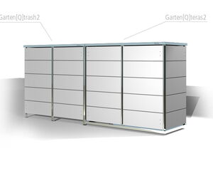 . The image shows two connected modular storage units labeled "Garten[Q]trash2" and "Garten[Q]teras2." They appear to be sleek, modern outdoor storage solutions, possibly for trash separation and terrace storage. The structure is simplistic with horizontal panel design and a metallic frame.