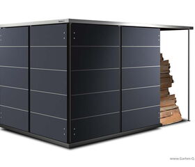. Ein moderner, dunkler Gartenschrank mit integriertem Holzlager an der Seite.