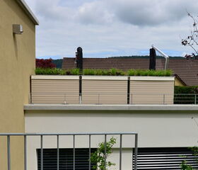 . Ein modernes Haus mit Dachgarten und Terrasse, umgeben von anderen Häusern und Bäumen unter bewölktem Himmel.