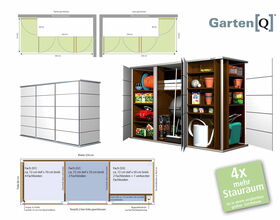 Gartenhaus mit Stauraum: Regale, Eimer, Spielzeug. Maße: 234 cm Breite, 190 cm Höhe. Steckbrief auf Deutsch.
