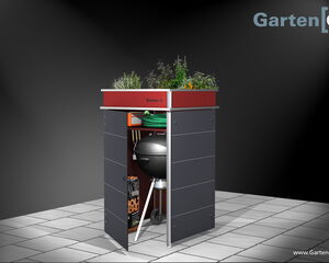 . Ein Gartenschrank mit offenem Tür, Grill, Kohle, Gartengeräten und bepflanztem Dach; Marke: Garten[Q].