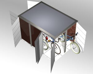 The image shows a 3D model of a storage shed with open doors. Inside the shed, there are at least two bicycles and some other small items. The structure appears to have a roof and side panels.