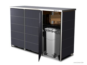 . The image shows a storage unit with one of its doors open. Inside, there are two garbage bins on wheels and some stacked cardboard boxes. The exterior of the unit is a sleek, modern design with a dark finish.
