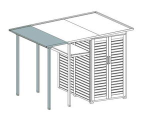 The image shows a 3D rendering of a structure with a slatted door on one side and an awning or extension with two poles on the other. It appears to be a small outdoor building, possibly a shed or storage unit, with a covered area.