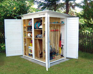 The image depicts a well-organized garden shed. Here's what is visible inside:

1. **Shelves with Items:**
   - Various small storage boxes.
   - A few sports balls.
   - Garden tools and equipment.

2. **Hanging Tools:**
   - Rakes, shovels, and other long-handled garden tools.

3. **Portable Equipment:**
   - Foldable chairs or tables.
   - A hose or similar coiled items.

4. **Miscellaneous:**
   - Backpack or bag.
   - Watering equipment.
   - Small gardening tools.

The shed is located outdoors, surrounded by greenery.