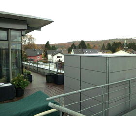 The image shows a rooftop terrace with various elements. There is a building with large glass windows on the left, a wooden deck with some potted plants and a green cover possibly over furniture or an object. There is a gray structure that appears to be a storage unit or similar. The railing runs along the terrace. In the background, there are additional houses and trees with autumn foliage.