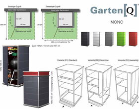 GartenQ MONO, Aufbewahrungseinheit: 158/137 cm Höhe, einseitig/zweiseitig, farbig variabel, Varianten: Standard, Kissenbox.