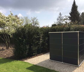 . The image shows a garden scene featuring a small, dark-colored shed or storage unit on a gravel area. There are green bushes and various trees in the background, including one with white blossoms. The sky appears to be partly cloudy.