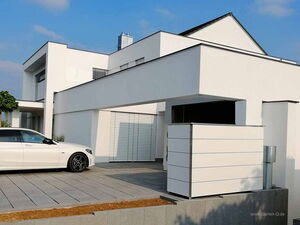 . Ein modernes weißes Haus mit einem geparkten weißen Auto in der Einfahrt.