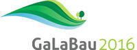 The image contains the logo for "GaLaBau 2016" with stylized green hills and two trees.