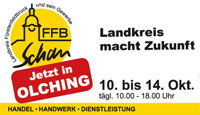 The image is an advertisement for an event. Here's a description of its contents broken down into an array:

1. **Top-Left Section**:
   - An emblem with the text:
     - "FFB"
     - "Schau"
     - Around the emblem: "Landkreis Fürstenfeldbruck und Umgebung"

2. **Center Section**:
   - Red banner with the text:
     - "Jetzt in OLCHING"

3. **Right Section**:
   - Text:
     - "Landkreis macht Zukunft"
     - Event dates and times: "10. bis 14. Okt." and "tägl. 10.00 - 18.00 Uhr"

4. **Bottom Section**:
   - Yellow band with text:
     - "HANDEL - HANDWERK - DIENSTLEISTUNG"

This advertisement seems to be promoting an event taking place in Olching from October 10th to 14th.