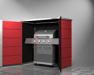 . Ein Gasgrill in einem offenen, roten Schrank mit glänzendem Boden.