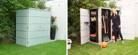 The image shows a garden shed. On the left side, the shed is closed, while on the right side, it is open, revealing its contents. Inside, there are various gardening tools, balls, and other storage items. There's also a person standing next to the open shed holding a rake.