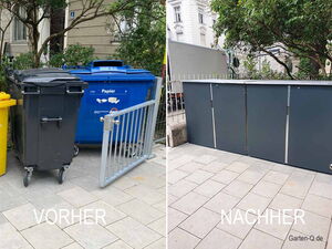 . Links Mülltonnen, rechts ordentliche Mülltonnenbox, mit "Vorher" und "Nachher" beschriftet.