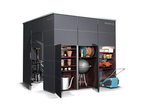 . The image shows a modern outdoor storage shed with several open compartments. Inside, there's a bicycle, gardening tools like a watering can, plant pots, a coiled hose, a grill, and a lawnmower. The shed appears well-organized with items neatly placed on shelves and hooks.