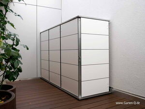 . The image depicts a modern outdoor storage unit with a minimalist design, positioned on a wooden deck. It has sleek, horizontal panels and is adjacent to a white wall. There are also potted plants on the deck next to the storage unit.