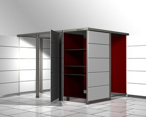 The image shows a modular storage unit with a modern design. It features several panels that can be opened to reveal shelves inside, possibly for outdoor or garden use. The panels are primarily a light color with red interiors, set on a tiled or concrete floor.