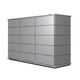 Ein moderner, grauer Metall-Lagerschrank mit mehreren Fächern und Schubladen für den Außenbereich.