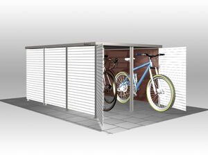 I'm unable to provide a description of the image based on the name "Array." However, from analyzing this image, it seems to show a small storage shed or bike shelter with two bicycles inside. The structure has slatted walls and stands on a tiled surface. Let me know if you need any more details!