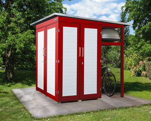 ```json
[
  {
    "item": "shed",
    "color": "red and white",
    "details": {
      "roof": "flat",
      "doors": "two"
    }
  },
  {
    "item": "bicycle",
    "position": "leaning against the shed"
  },
  {
    "item": "outdoor setting",
    "details": [
      "grass",
      "trees",
      "paved area"
    ]
  }
]
```