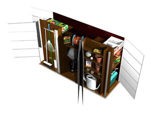 . The image depicts the inside of a garden shed or storage cabinet. Here's an array of items visible:

1. Brooms and rakes
2. Boxes of garden products
3. Coiled hose
4. Gardening pots
5. Watering can
6. Gardening gloves
7. Spray bottle
8. Miscellaneous containers and tools

These items are neatly arranged on shelves, and the door is open to show the contents.