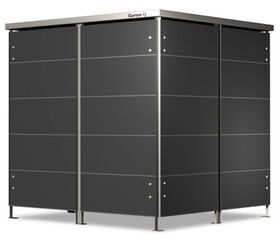The image shows a modern, rectangular garden shed or storage unit with a sleek design. It appears to have a dark color with a metallic frame, and it is labeled with "Garten Q" on the top edge. The structure is elevated slightly above the ground.