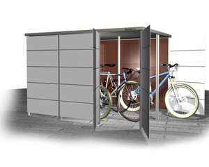 The image shows a modern storage unit labeled "Garten Q" with open doors revealing multiple bicycles stored inside. It appears to be an organized outdoor storage shed designed for securely storing bikes and other items.