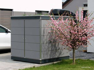 . Graues Gartenhaus neben einem blühenden Baum mit rosa Blüten, auf einem gepflasterten Weg.