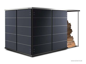 . Ein moderner, dunkler Gartenschrank mit integriertem Holzlager an der Seite.