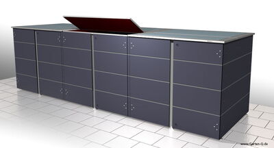 The image shows a set of sleek, dark-colored modular outdoor storage units with a modern design. The units have a tiled base and one of the sections has a lid that is open, revealing storage space inside. The design is minimalistic, with parallel lines and metallic accents.