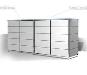 The image shows a sleek, modern storage unit composed of two sections. The left section is labeled "Garten[Q]various2" and the right section is labeled "Garten[Q]teras2." Each section has a clean, modular design with horizontal lines and a metallic frame, suggesting it is used for outdoor storage.