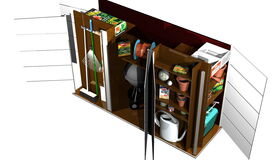 . The image depicts the inside of a garden shed or storage cabinet. Here's an array of items visible:

1. Brooms and rakes
2. Boxes of garden products
3. Coiled hose
4. Gardening pots
5. Watering can
6. Gardening gloves
7. Spray bottle
8. Miscellaneous containers and tools

These items are neatly arranged on shelves, and the door is open to show the contents.