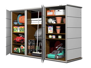. The image shows a storage cabinet with two open sections containing gardening and outdoor items. Here's a breakdown:

**Left Section:**
- Garden hose and reel
- Pots
- Fertilizer or potting mix bags
- Small toy car
- Charcoal bags

**Right Section:**
- Storage boxes
- Plant pots
- Paint or wood finish can
- Small gardening tools
- Lawn mower

These items suggest storage for gardening, lawn care, and outdoor equipment.