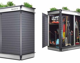 . The image shows an outdoor storage unit, likely for gardening tools. On the left, the unit is closed, while on the right, the doors are open, revealing various gardening tools and supplies inside, such as shovels, rakes, a hose, and other equipment. The top of the unit has plants growing on it.
