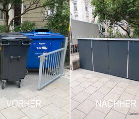 . Vorher: Mülltonnen. Nachher: Verkleidete Müllbehälter in grau.