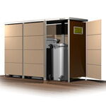 The image shows a garbage enclosure or shed, with one door open, revealing a metal trash bin inside. The enclosure has a modern, clean design and is likely used to store garbage bins neatly.