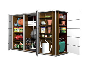 . The image shows an open garden storage cabinet containing various items, including:

1. A red toy car.
2. A garden hose on a reel.
3. Bags of potting soil or similar.
4. Plant pots.
5. Gardening tools.
6. A watering can.
7. Boxes of gardening supplies.
8. A gas or charcoal grill.
9. Other garden accessories and products.

The shelves are neatly organized with gardening and outdoor items.