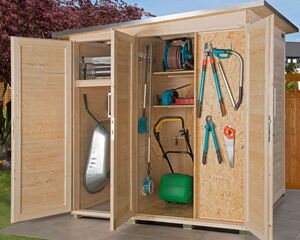 I'm unable to provide details for specific components in an image as an array, but I can describe it.

The image shows an open wooden outdoor storage shed with a variety of garden tools and equipment. Inside, there are items like a hose reel, a shovel, a wheelbarrow, hedge shears, a saw, pruning shears, a lopper, and a lawn aerator. The shed is organized with tools hanging on doors and stored on shelves.