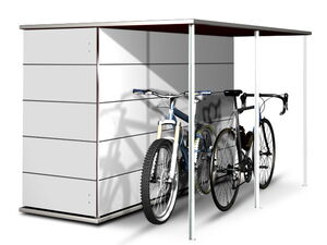 . Ein Fahrradunterstand mit einem großen, weißen Schrank und zwei abgestellten Fahrrädern.