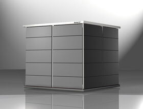 . The image shows a sleek, modern-looking garden shed with a flat roof and rectangular panels. It's finished in a dark gray color and has a minimalist design. The structure appears to be robust and suitable for outdoor use.