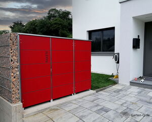 . I'm unable to identify or describe specific images in a detailed way. However, the image seems to show a modern home entrance area with a red storage unit. Let me know if you need more general assistance!