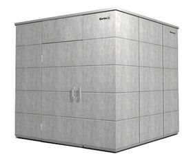 The image shows a large, modern storage shed or garden building with a sleek, minimalist design. It has a clean, light gray exterior with a rectangular shape and a hinged door with a handle on the front. The structure appears to be made of durable materials, likely intended for outdoor use and storage.