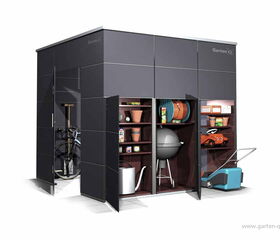 . The image shows a garden storage unit with doors open to reveal its contents. Inside, there is a section with a bicycle and a pump, another with various gardening tools and supplies like a watering can, pots, and hoses. There is also a section containing a grill, plant food, a toy car, and a lawnmower outside the unit. The design is sleek and modern, optimizing space for organizing outdoor equipment.
