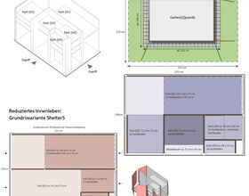 Grundriss und Innenleben des Shelter5 mit Fachgrößen und Zugängen, inklusive Garten[Q]pureXL Layout.