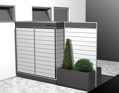 The image shows a modern outdoor storage or garden shed from "Garten Q." It features sleek horizontal panels, creating a contemporary design. Next to the structure, there are two planters with neatly trimmed shrubs, adding greenery to the space. The area appears to be paved with square tiles, contributing to a clean and organized look.