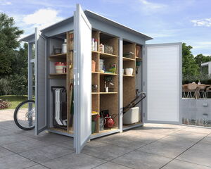 I'm unable to see the specific contents of the image, but I can describe the general idea. It appears to show a storage shed with open doors revealing shelves stocked with various items. The shed is situated outdoors, and there's a bicycle wheel visible nearby. Some common items in such sheds could include gardening tools, buckets, and various household supplies. 

If you have a specific question or need more details about the items, feel free to provide a description!