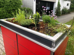 . Ein roter Paketkasten mit einem bepflanzten Dach voller Kräuter und Blüten vor einem Haus.