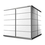 The image shows a sleek, modern storage unit or shed with a metallic finish. It has a rectangular shape with horizontal panels and appears to be designed for outdoor use.